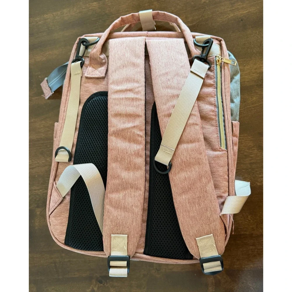 LAND 3-in-1 Diaper Bag Backpack Portable Bassinet Changing Station Pink Grey